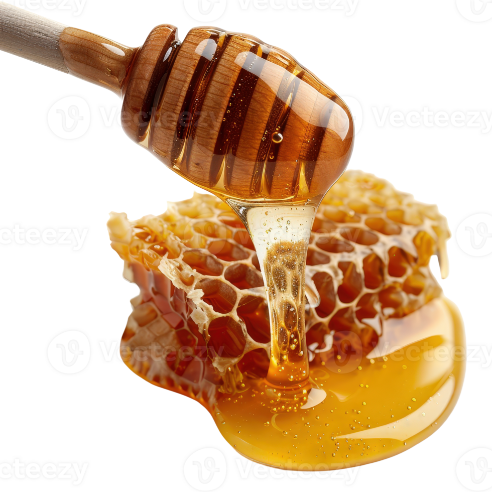 Golden Honey Dripping from Honeycomb with Wooden Dipper in Close-Up Shot png