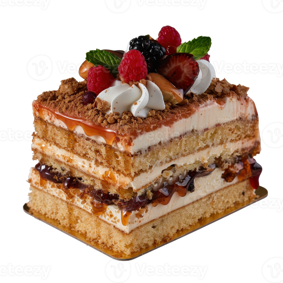 Delicious Layered Cake with Cream, Berries, and Nuts on a Gold Plate png