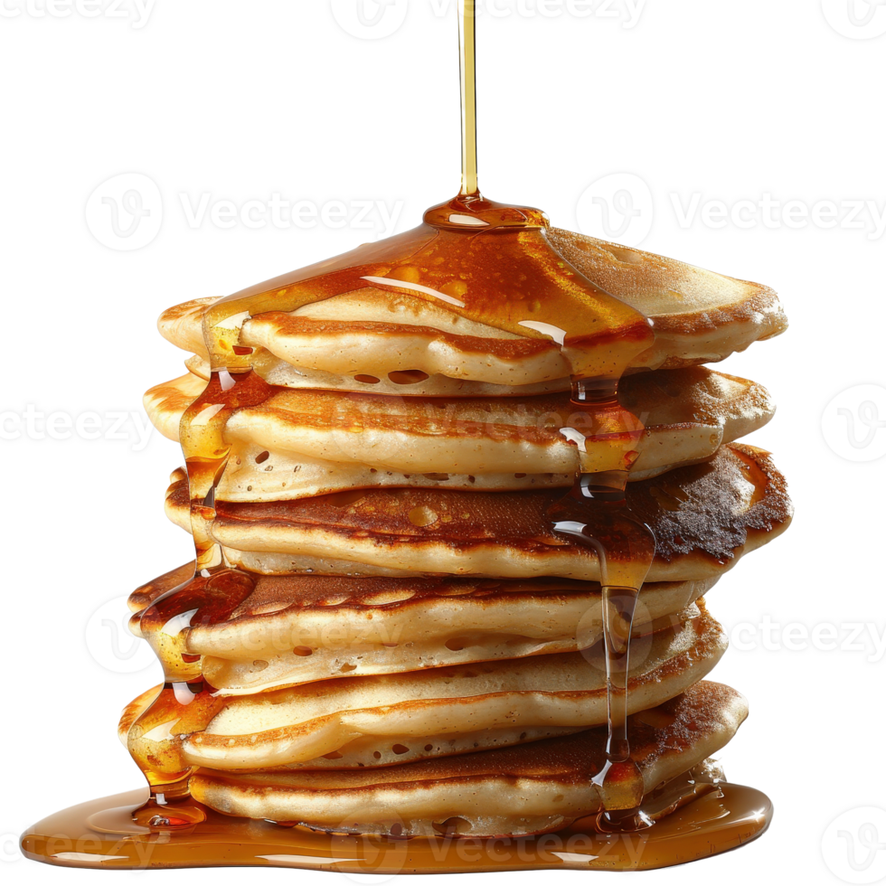 Delicious Stack of Fluffy Pancakes Drizzled with Golden Maple Syrup on a . png