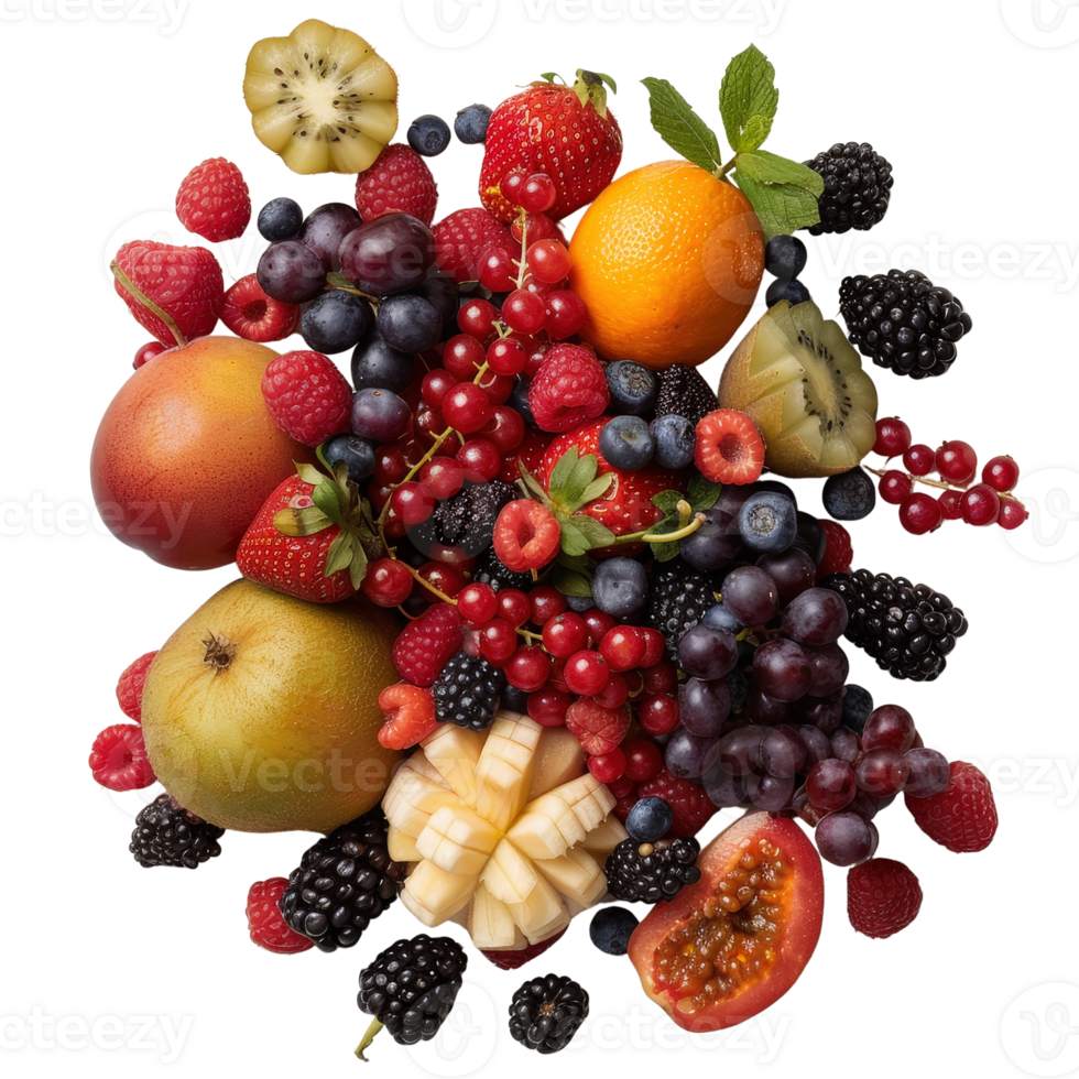 Colorful Array of Fresh Fruits Including Berries, Citrus, and Tropical Delights on . png