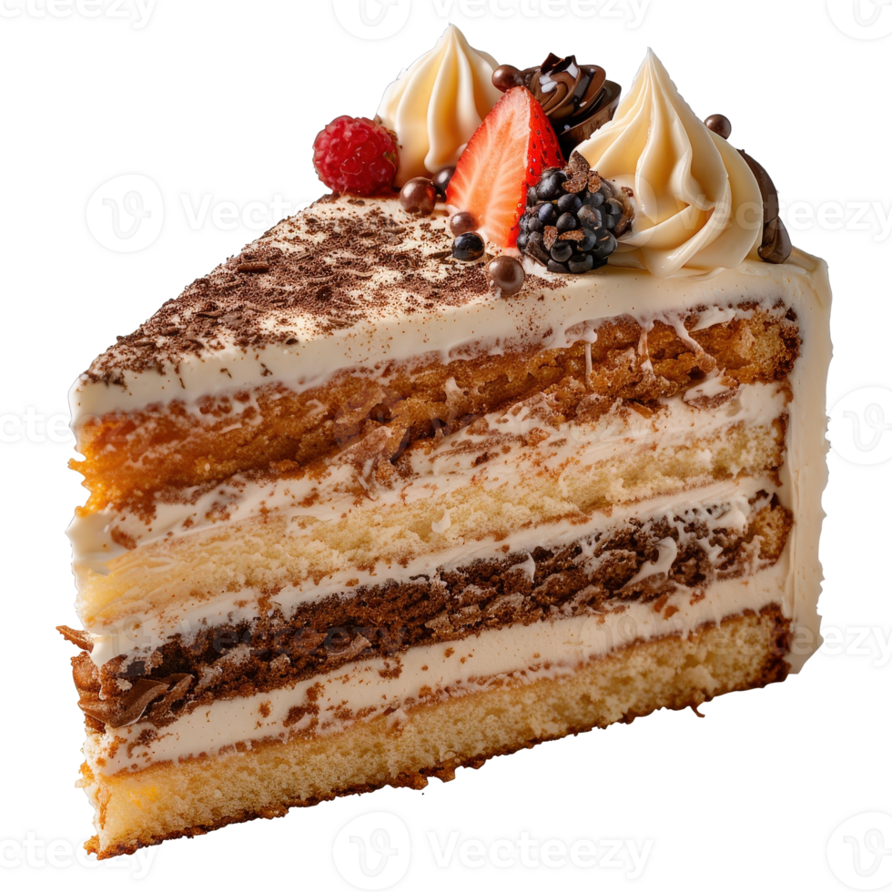 Delicious Slice of Chocolate Cake with Cream Topping and Fresh Berries on a . png