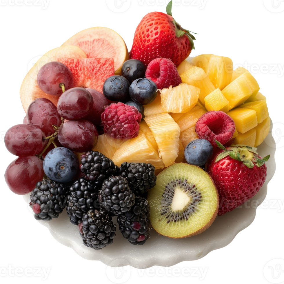 Fresh Assorted Fruits on White Plate Including Berries, Melons, Pineapple and Grapes png