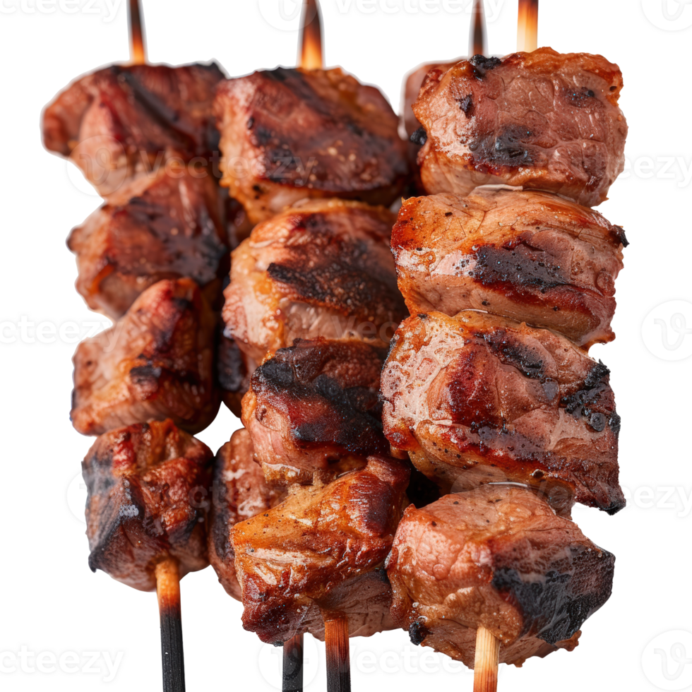Delicious Grilled Meat Skewers on Skewers with Smoky Charred Surface and Juicy Texture png