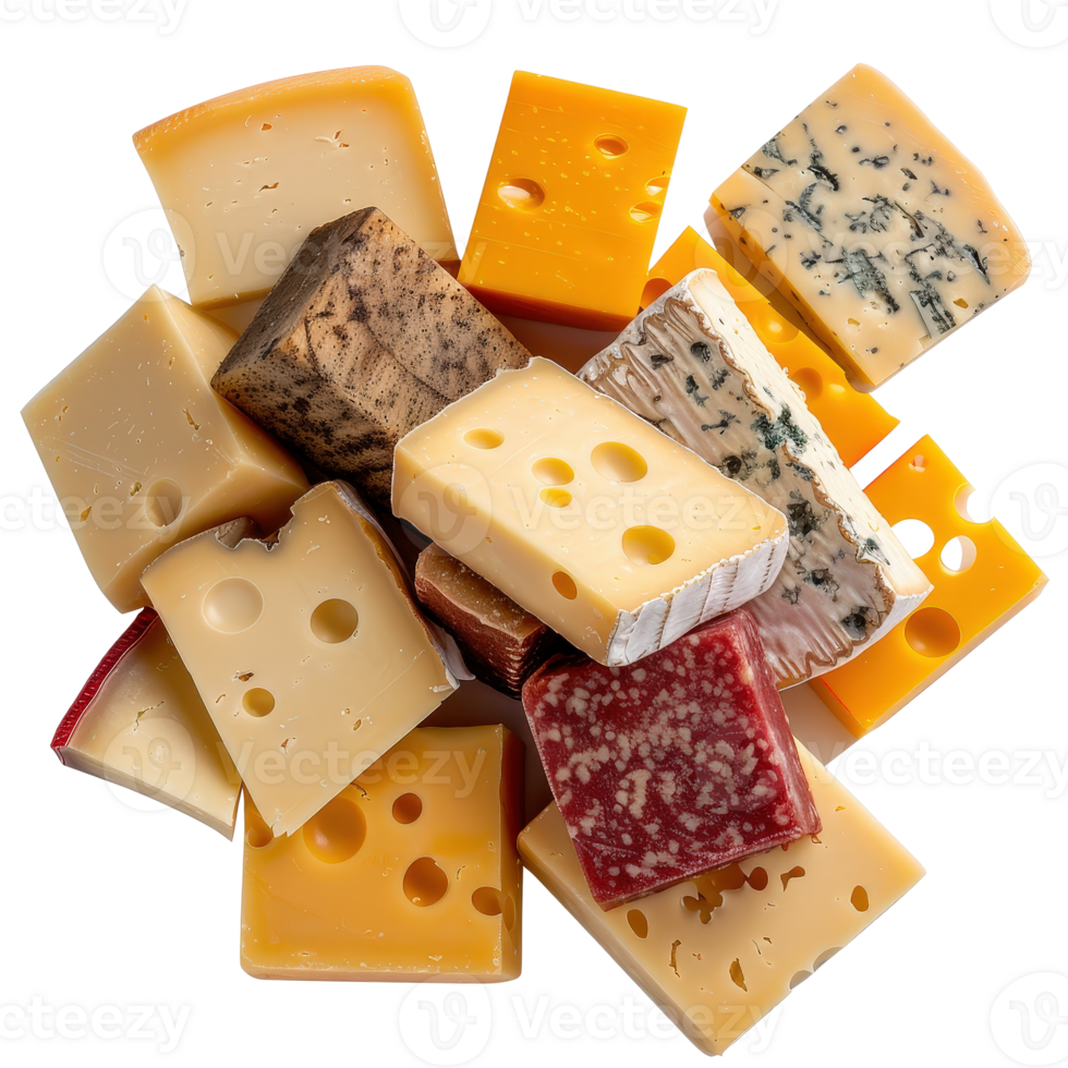 Assortment of Various Cheeses Including Cheddar, Gouda, Blue, and Swiss for Culinary Delight png