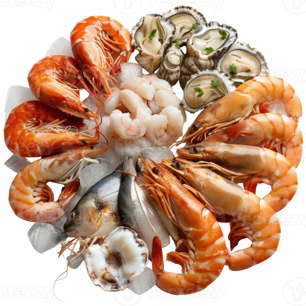 Fresh Seafood Platter with Shrimp, Oysters, Clams and Fish Over Ice Garnished with Herbs png