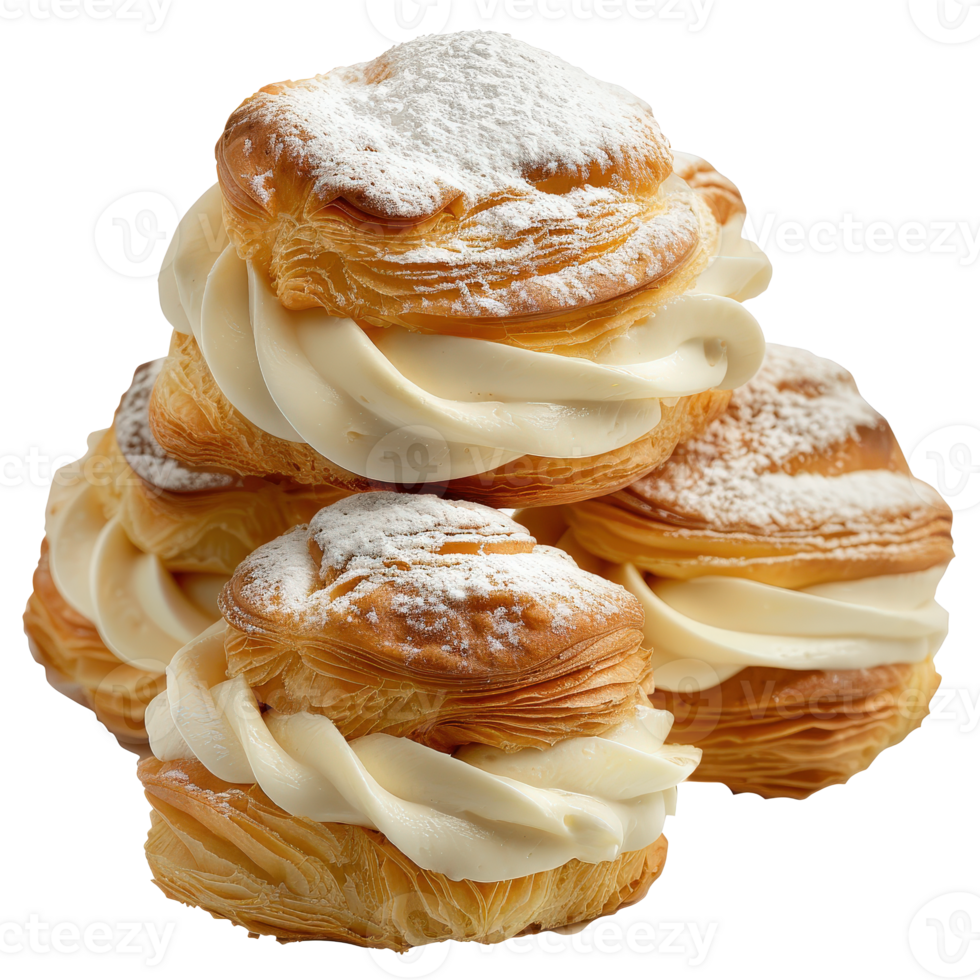 Freshly Baked Cream Filled Pastries Stacked on a . with Dusting of Sugar png