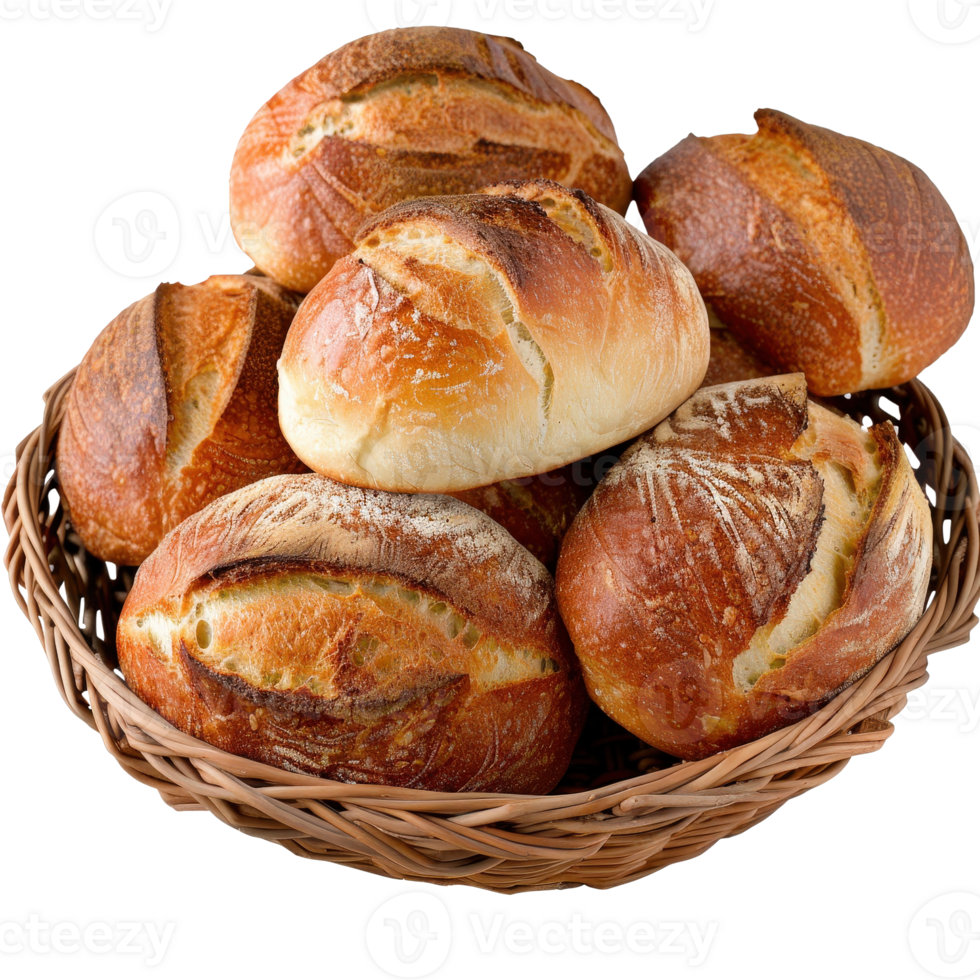 Freshly Baked Artisan Bread Rolls in a Rustic Woven Basket on a . png