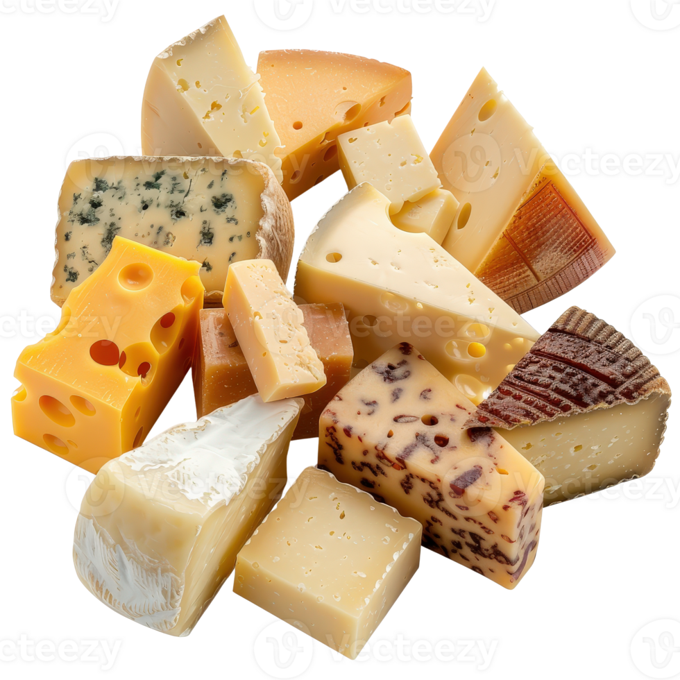 Assorted Cheeses Collection Featuring Variety of Textures, Colors, and Shapes for Culinary Arts png