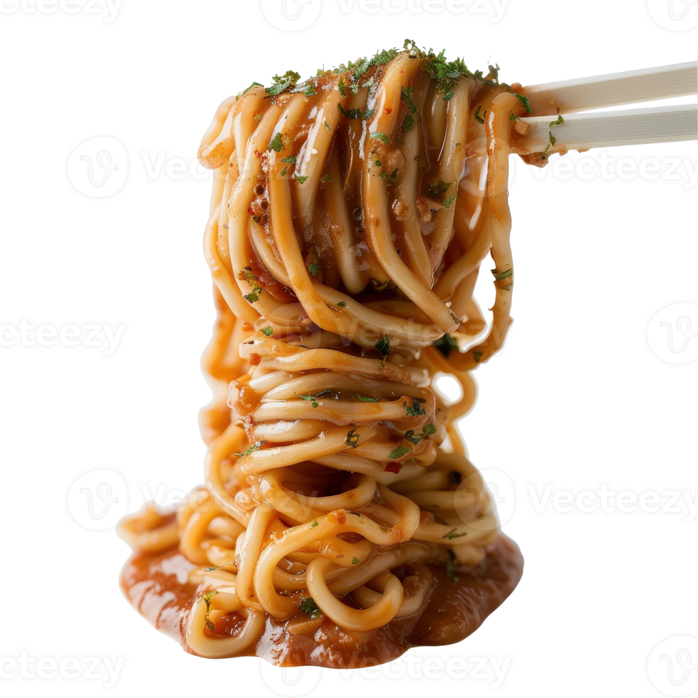 Delicious Spaghetti with Saucy Tomato Topping and Fresh Green Herbs in Chops Sticks png