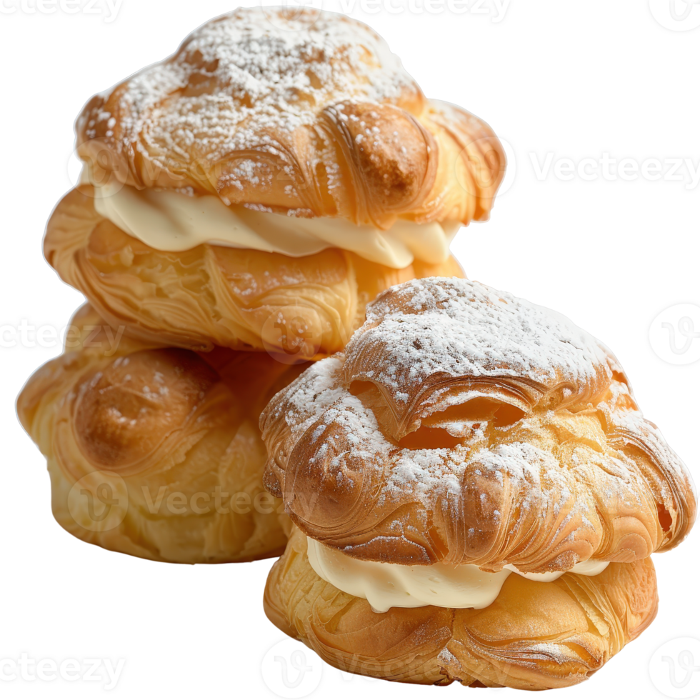 Flaky Cream-Filled Pastries Stacked on Each Other with Powdered Sugar Dusting png