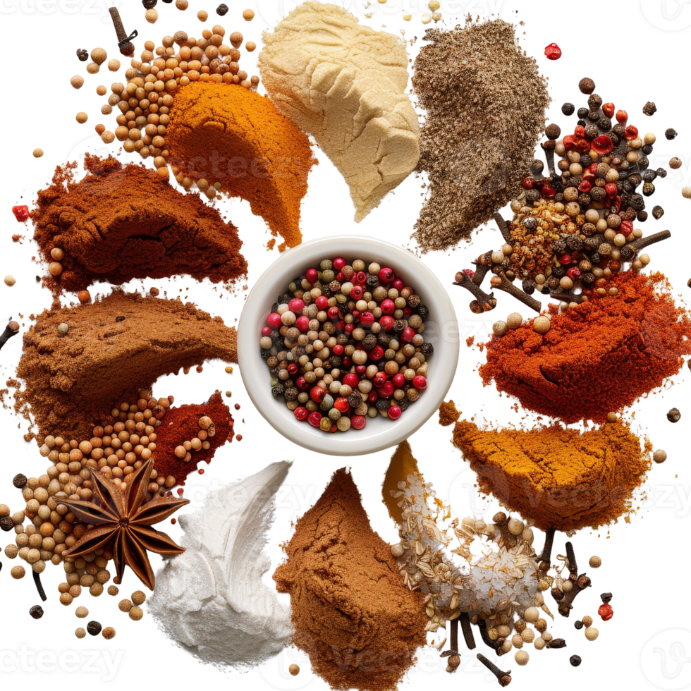 Colorful Collection of Various Spices and Herbs Arranged in Circular Pattern on . png