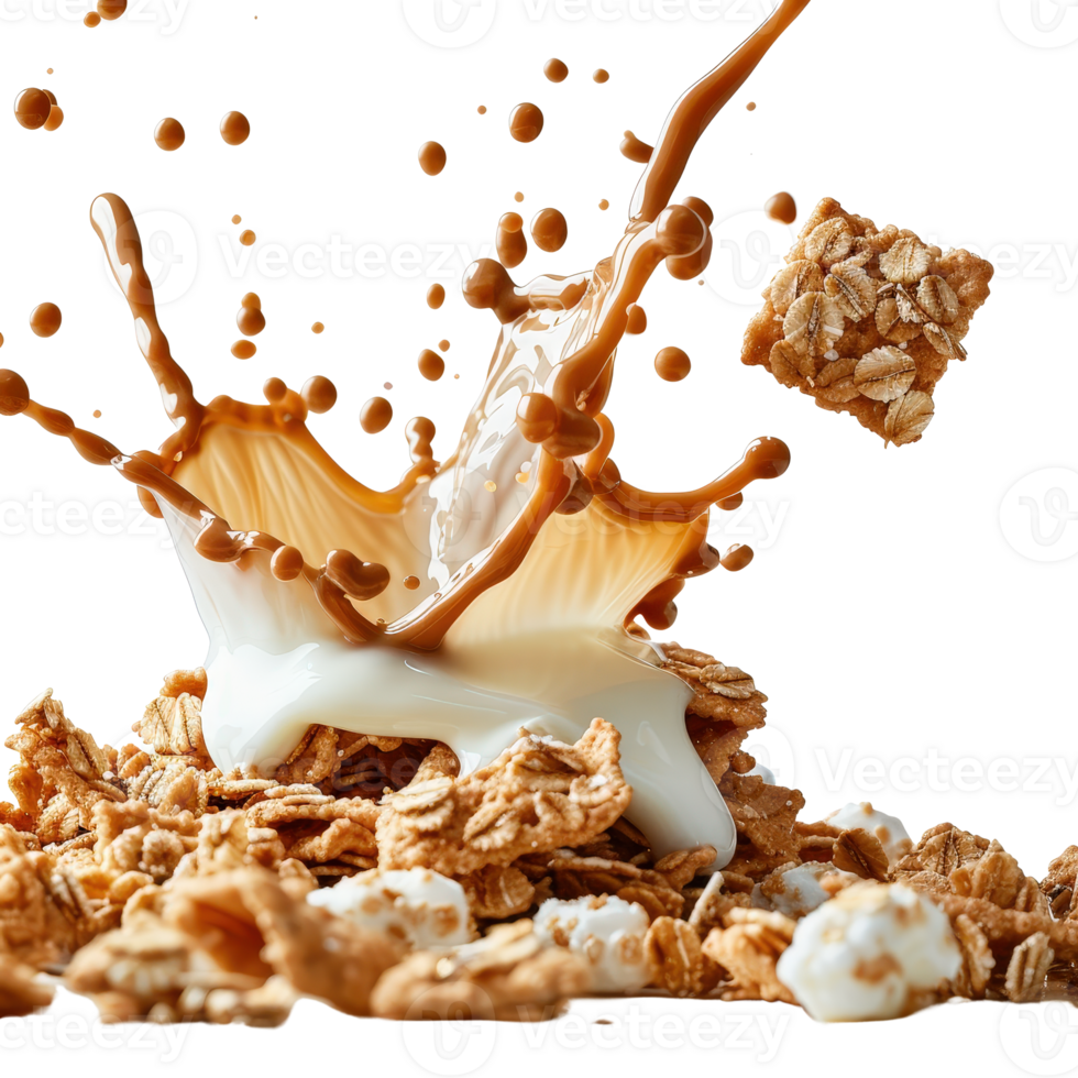 Splash of Milk and Cereal with Nuts Creating Dynamic Visual on a . png