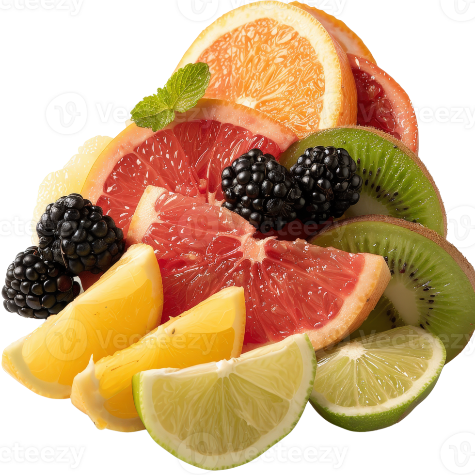 Colorful Assortment of Fresh Citrus Fruits with Blackberries and Kiwi on a . png