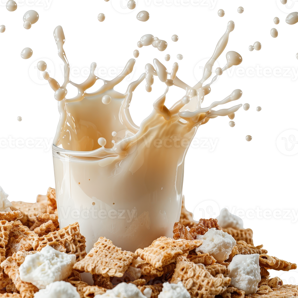 Splashing Milk over Breakfast Cereal Creating a Dynamic and Messy Morning Scene png