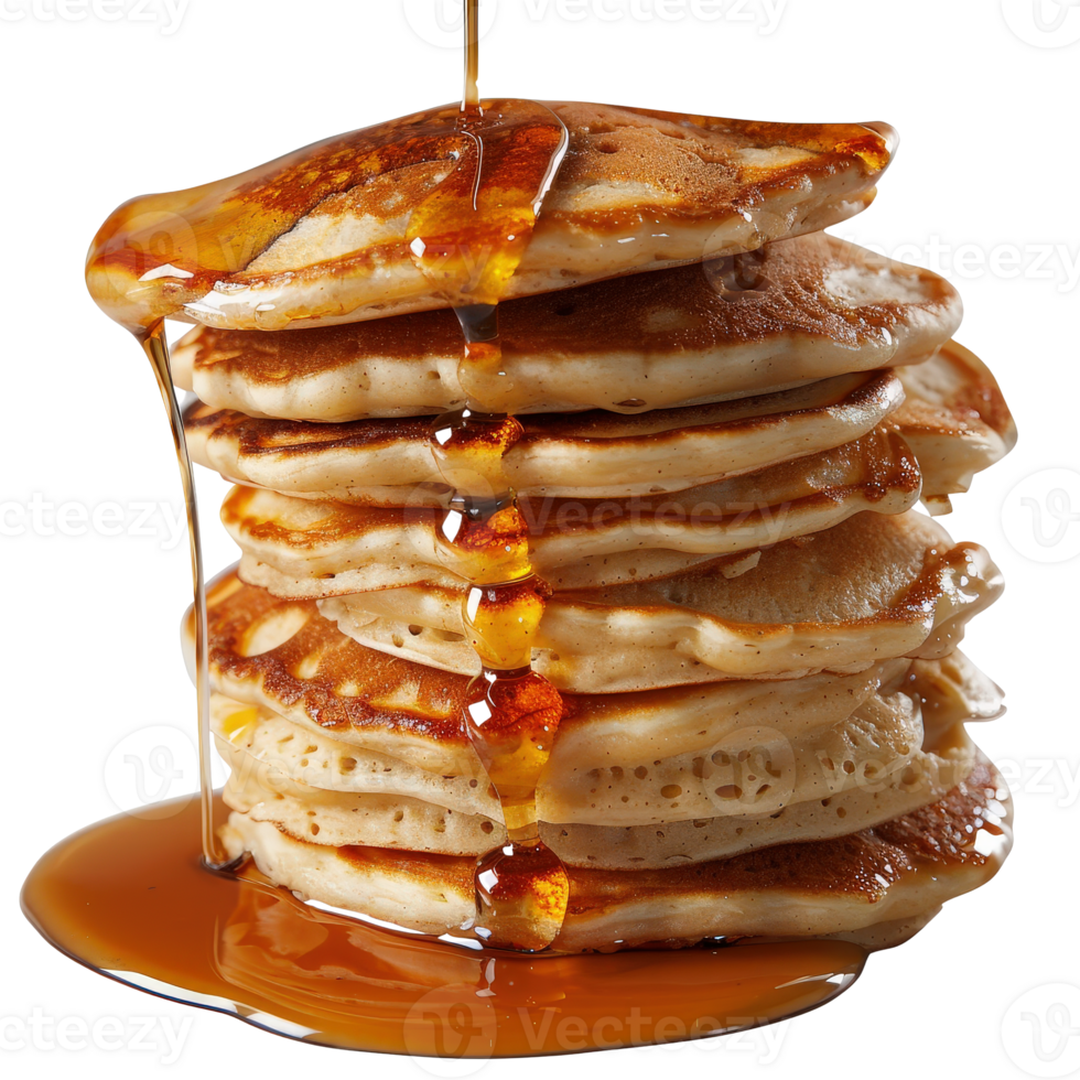 Stack of Golden Pancakes Dripping with Maple Syrup on a . png