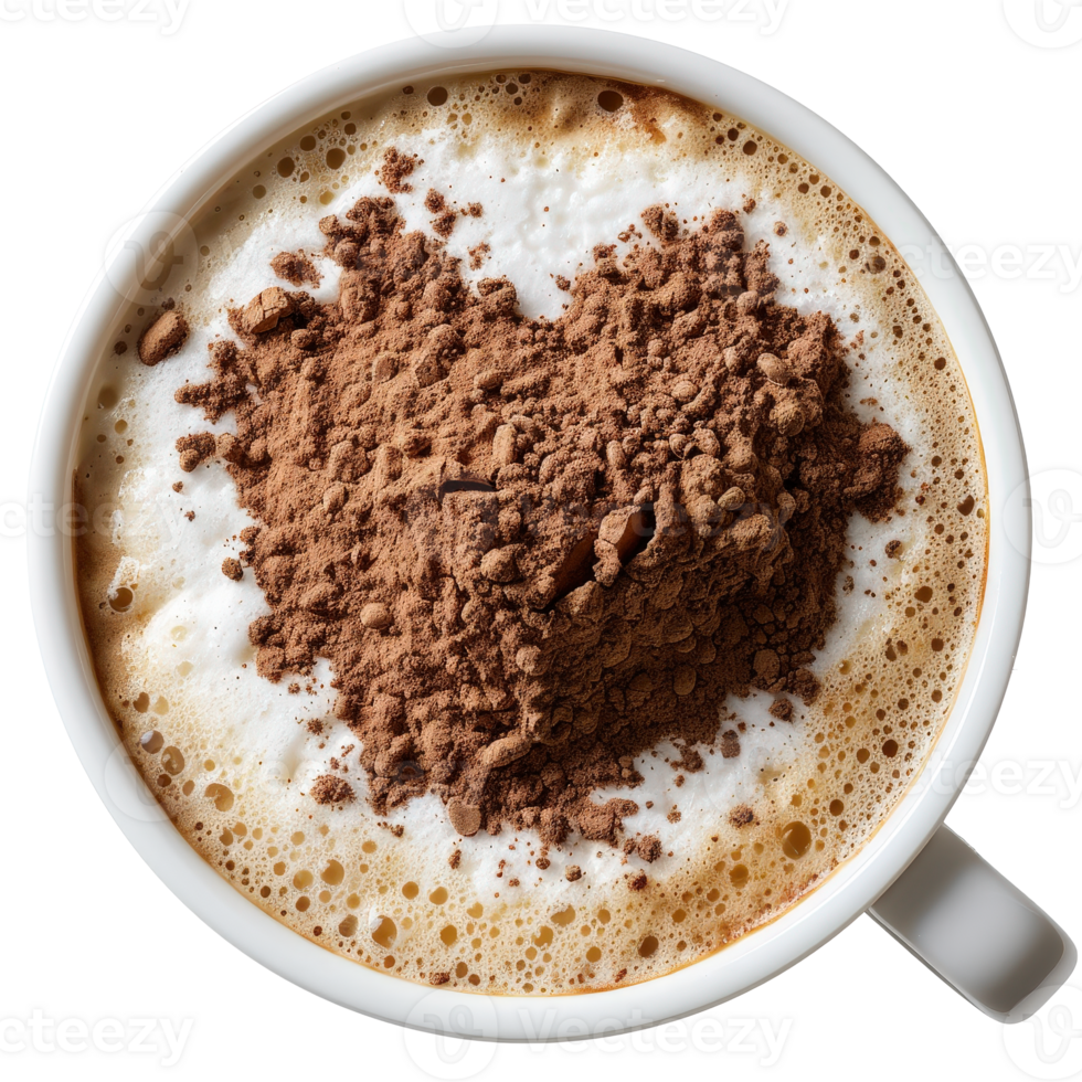 Heart Shaped Cocoa Powder on Creamy Coffee Surface in White Mug with Frothy Texture png