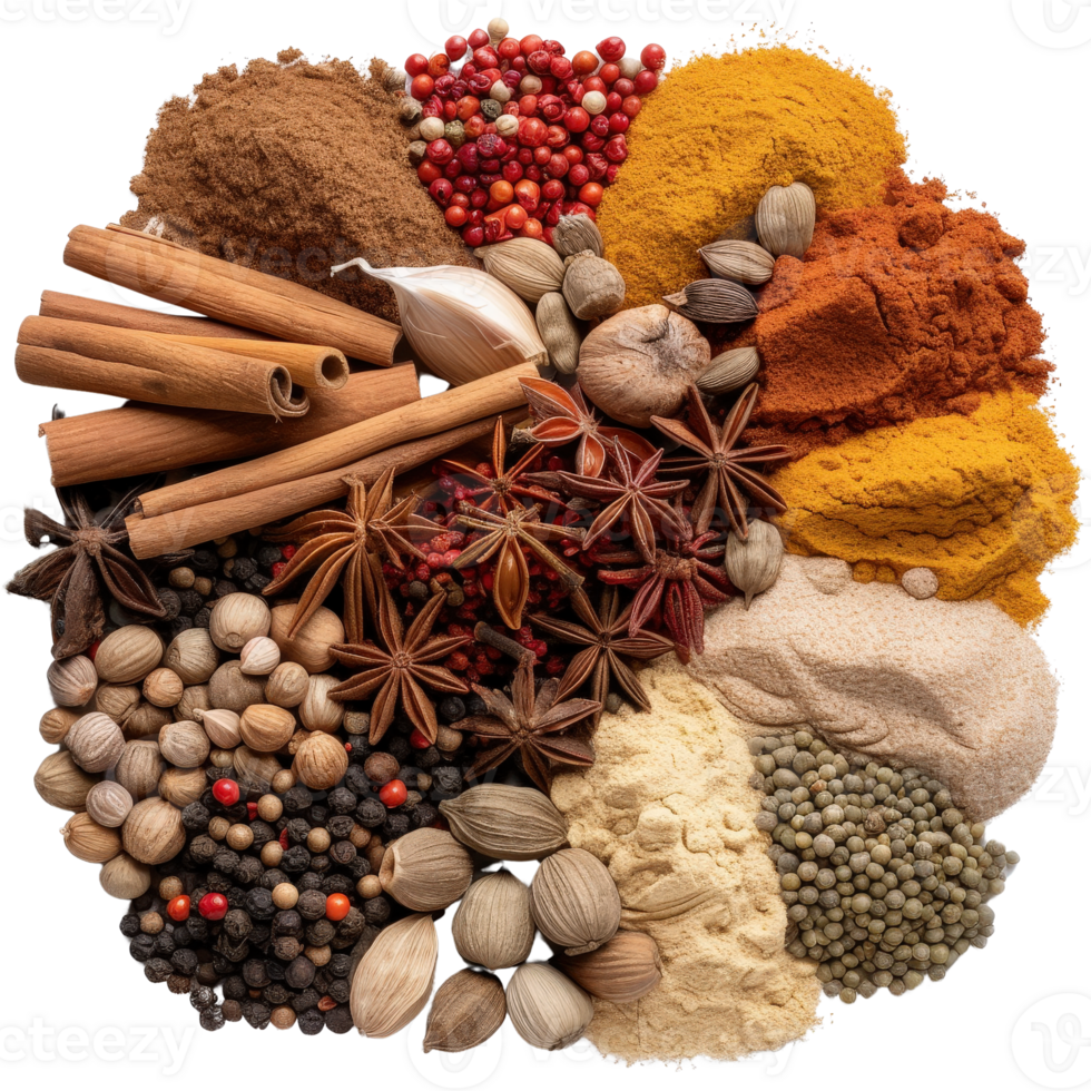 Colorful Assortment of Spices and Herbs Arranged in a Decorative Display on a Rigid Surface png