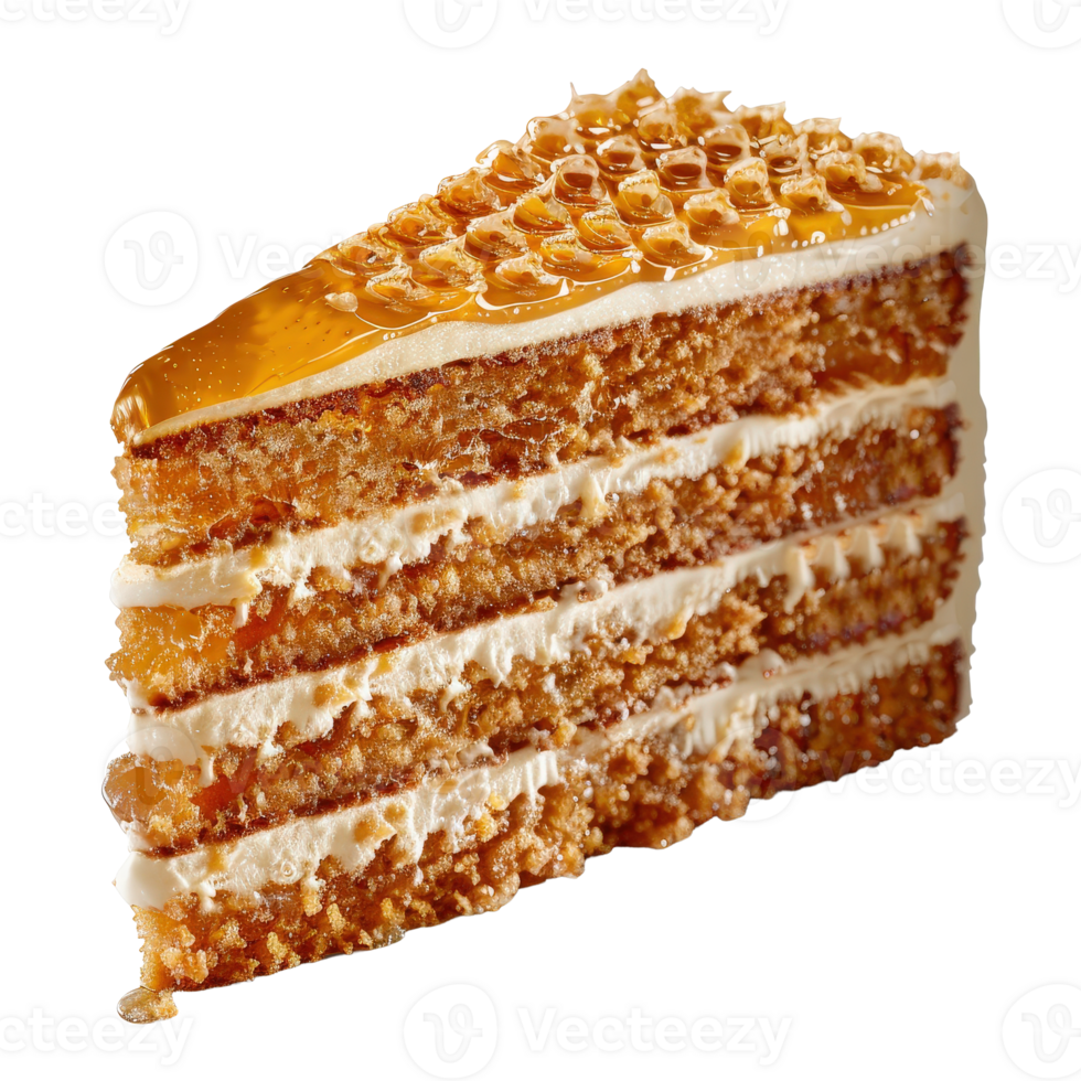 Delicious Layered Honey Cake with Golden Glaze and Honeycomb Topping for Dessert Lovers png
