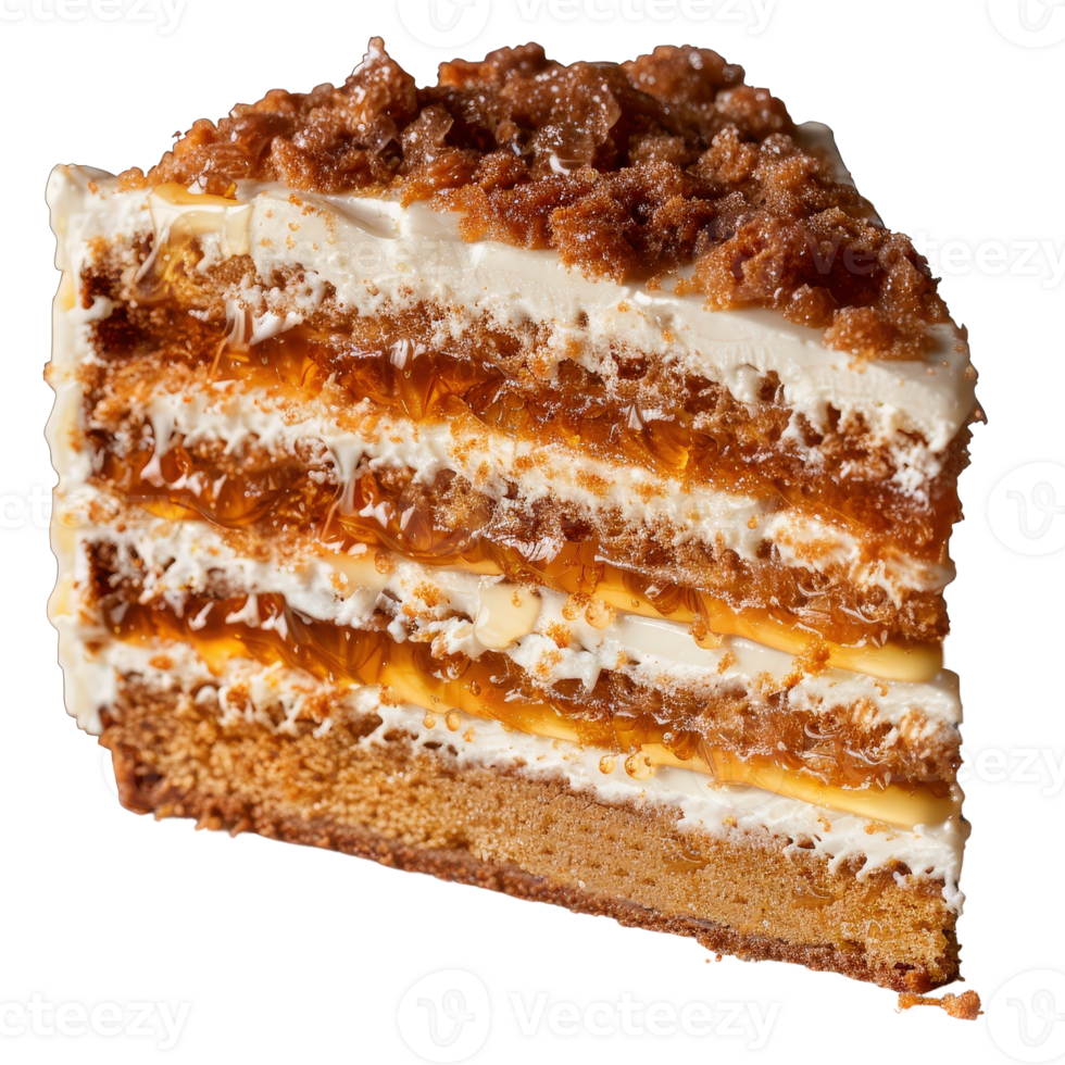Delicious Layered Cake with Cream, Caramel, and Crumb Topping in a Perfect Slice png