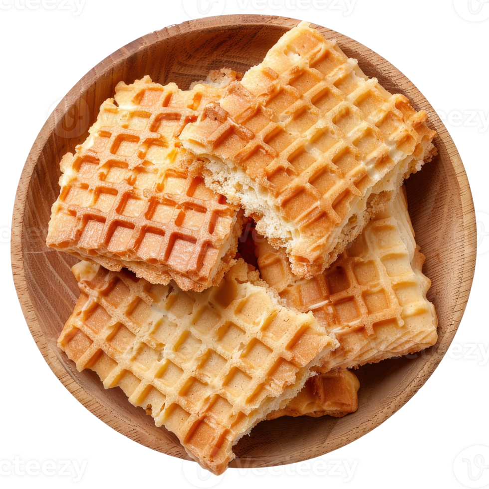 Freshly Baked Crispy Waffles in a Round Wooden Bowl Arranged Neatly on a . png
