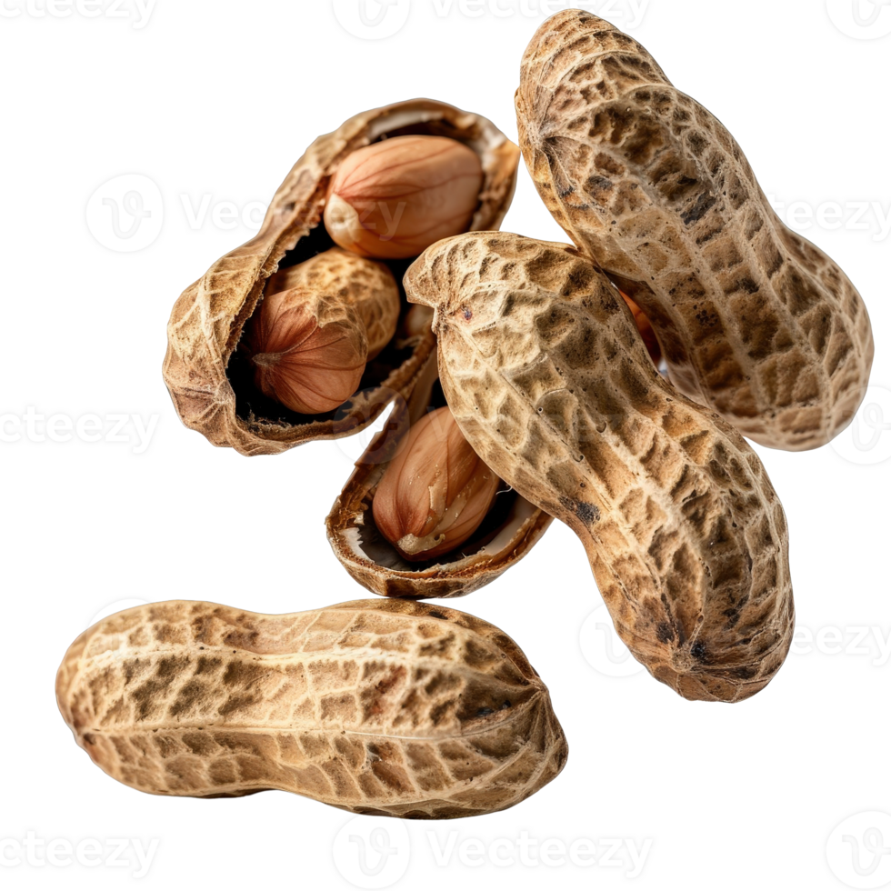 Close-up View of Raw Peanuts in Shells with Nuts Exposed on a . png