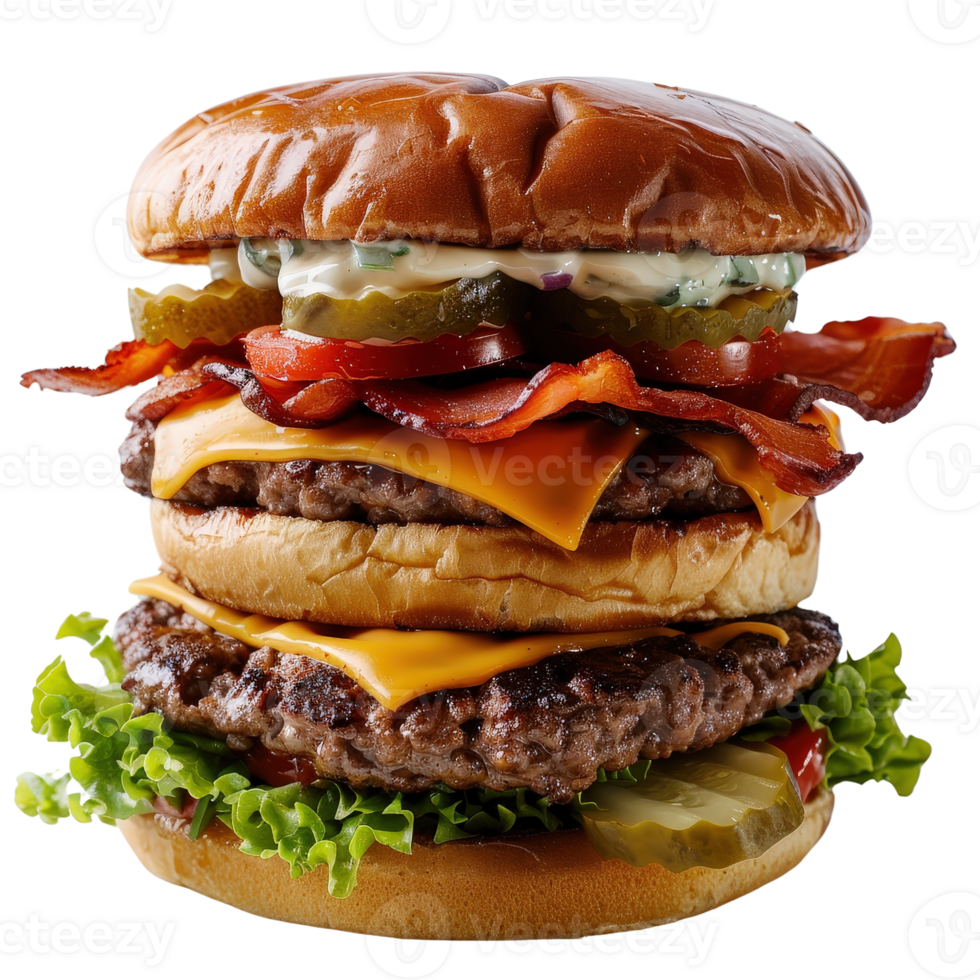Juicy double cheeseburger with crispy bacon, fresh lettuce, pickles, and creamy sauce on top png