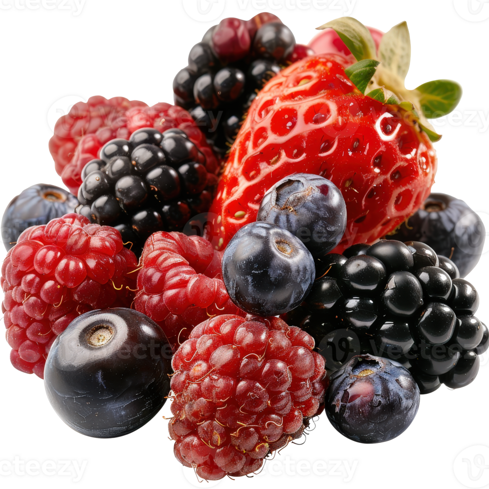 Fresh and Colorful Assortment of Berries Including Strawberries, Raspberries, and Blueberries png