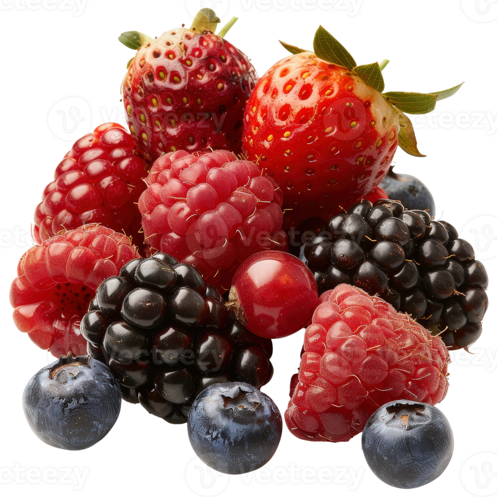 Fresh Assorted Berries Including Raspberries, Strawberries, Blueberries, and Blackberries png