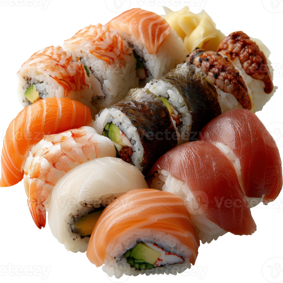 Delicious Assortment of Sushi Rolls Featuring Various Ingredients and Vibrant Colors png