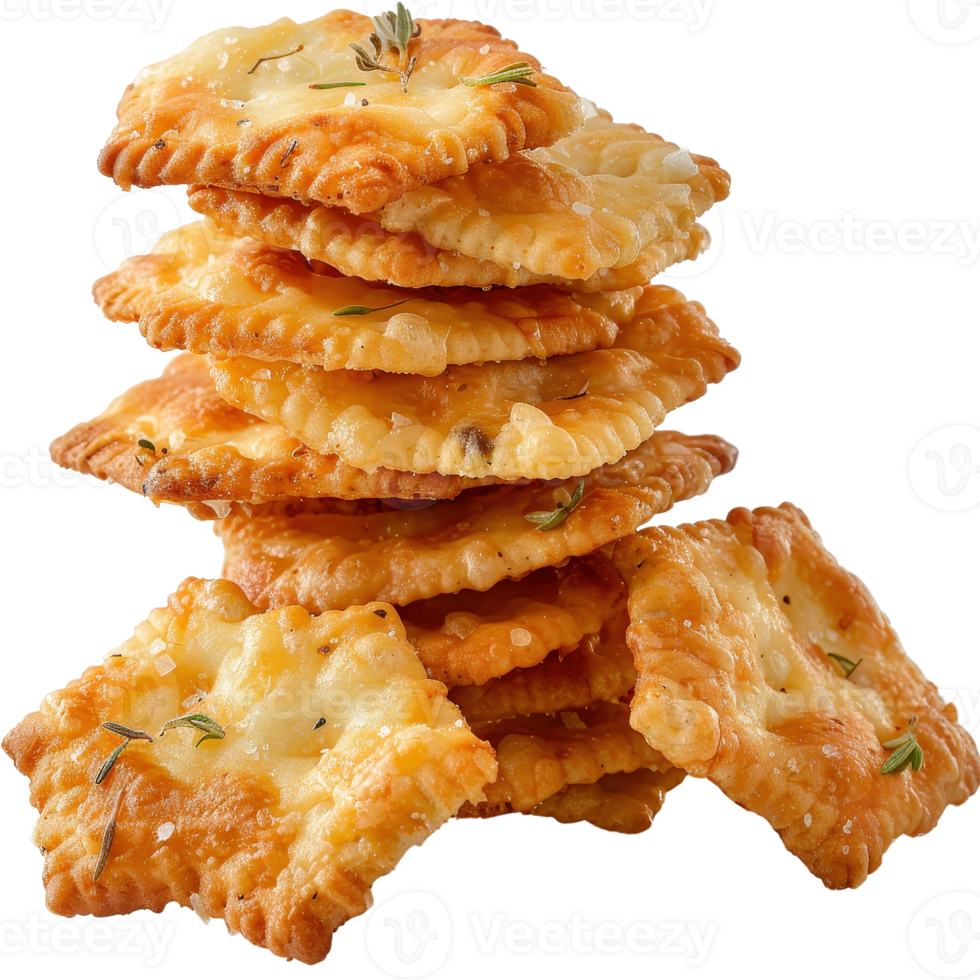 Golden crispy crackers stacked high on a wooden surface with herbs and rich texture png