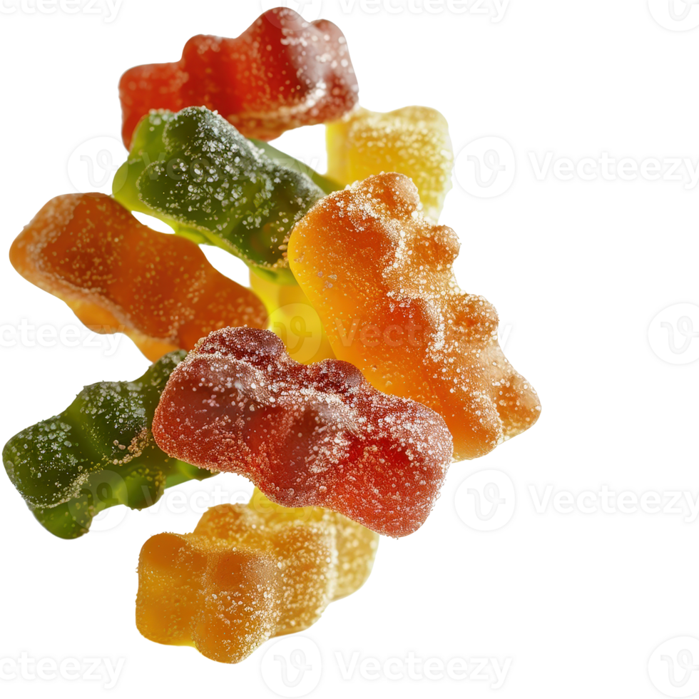 Colorful gummy candies in various shapes and flavors arranged on a . png