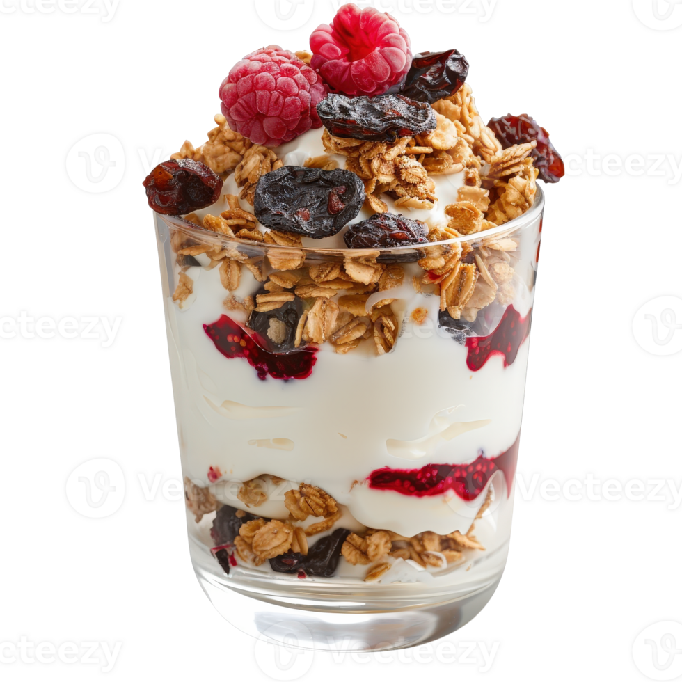 Delicious Layered Yogurt Parfait with Raspberries, Granola, and Fruit Compote for Breakfast png