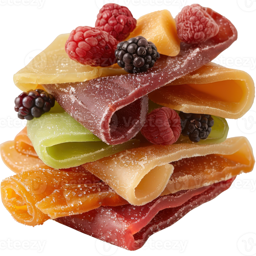 Colorful Fruit Leather with Raspberries and Blackberries Piled Creatively on a White Surface png