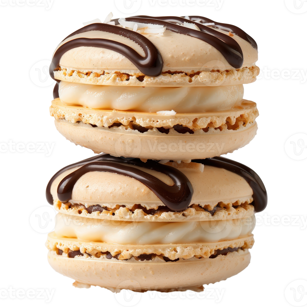 Delicious macarons stacked with chocolate drizzle and coconut flakes on a . png