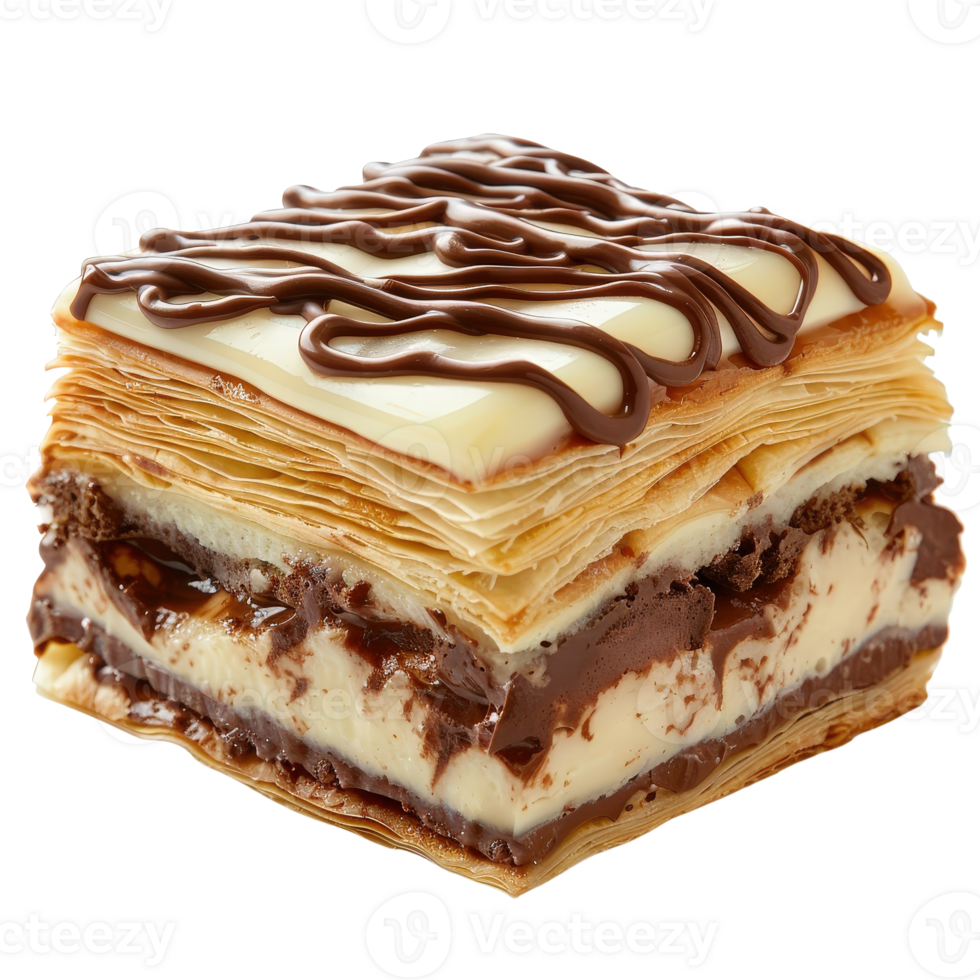Delicious Layered Dessert with Cream and Chocolate Sauce on White Surface png