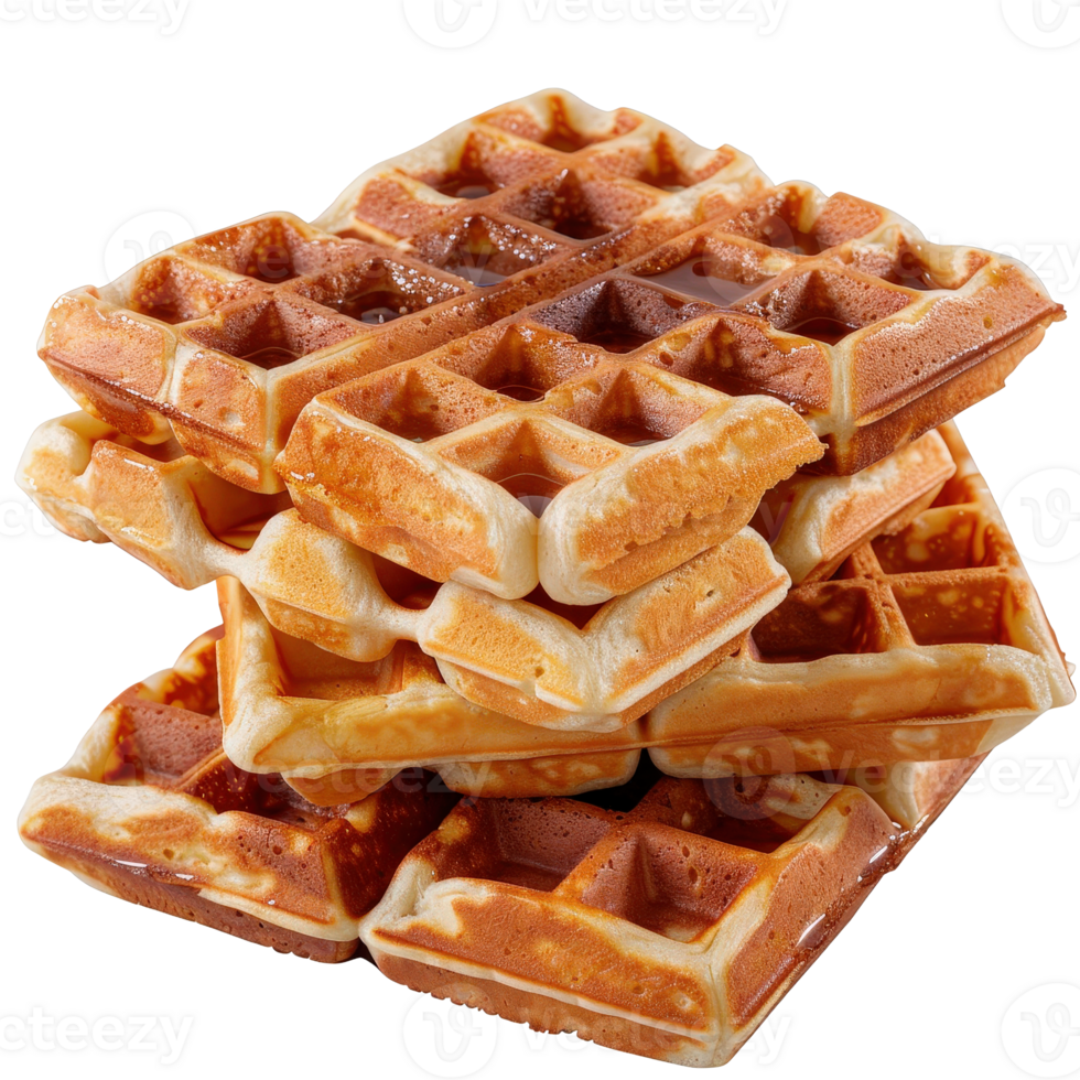 Delicious Golden Waffles Stacked High with Syrup Drizzling in Bright Light for Breakfast Treats png