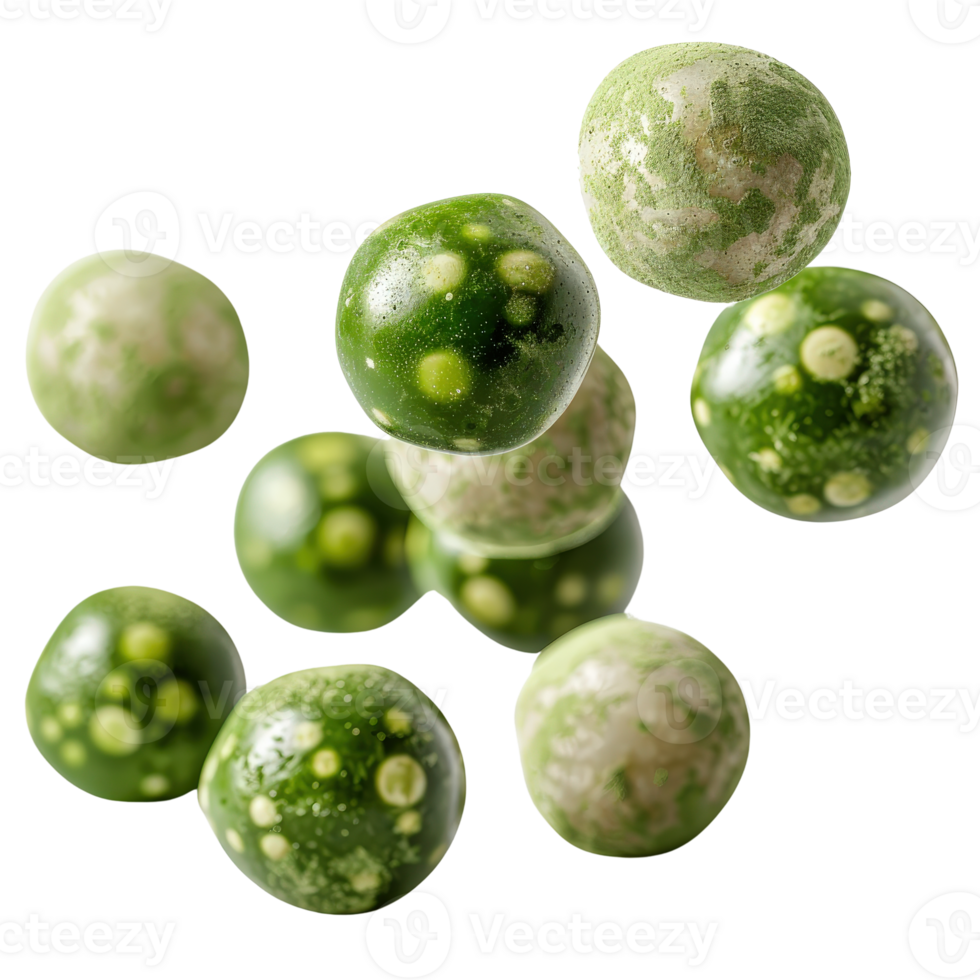 Floating Green Spheres with Unique Textures and Natural Patterns on a Transparent Background png