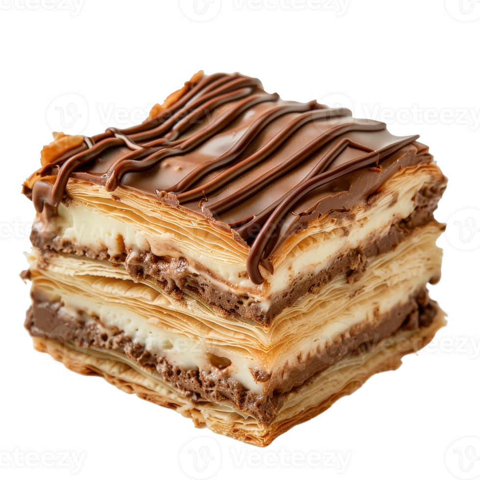 Delicious Chocolate Dessert with Layered Pastry and Creamy Filling in Mouthwatering Presentation png
