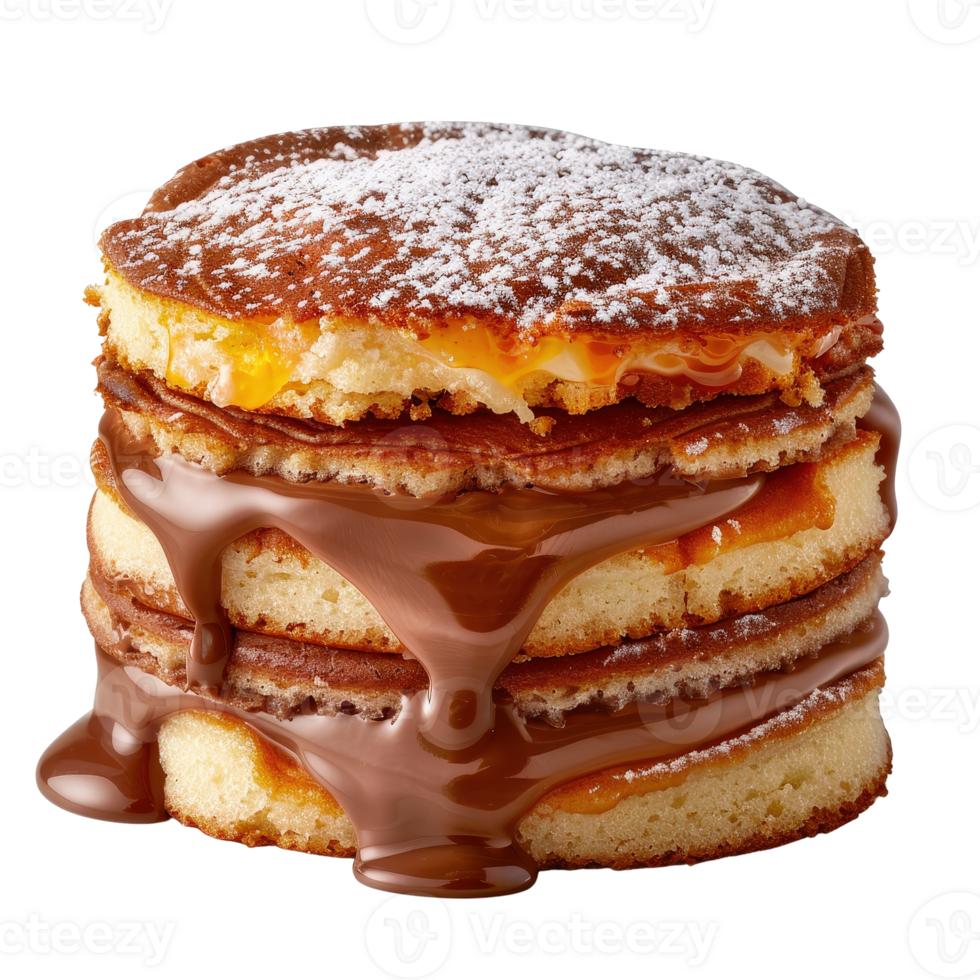 Deliciously Stacked Pancakes with Melted Chocolate and Powdered Sugar Topping png