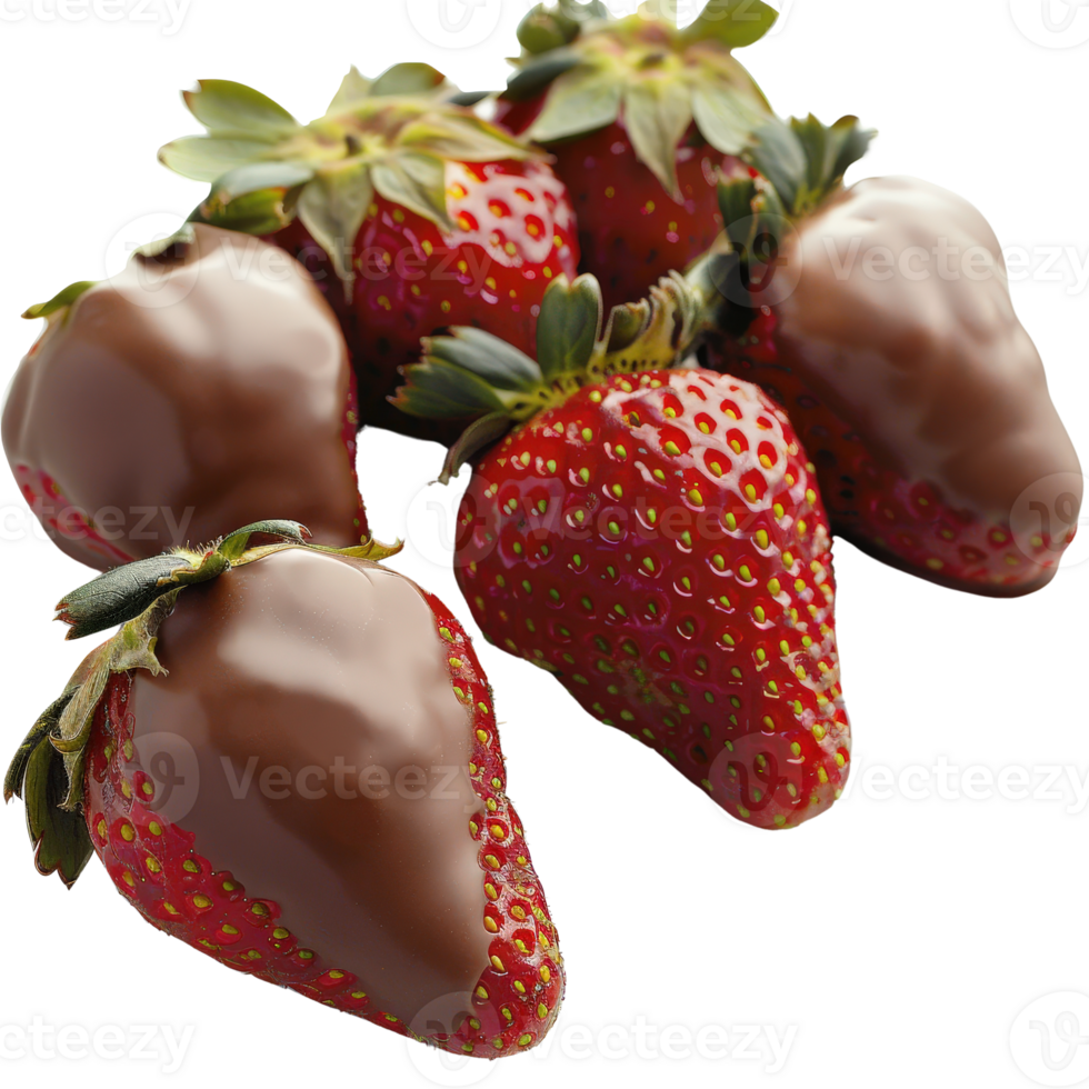 Fresh Chocolate Covered Strawberries with Green Leaves in Close-Up Arrangement on . png