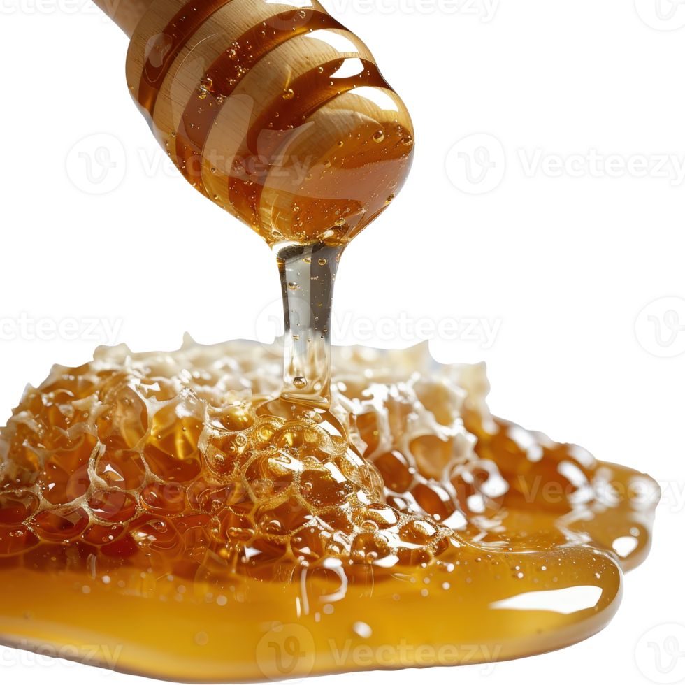 Close-Up of Honey Dripping from Wooden Dipper Over Fresh Honeycomb with Golden Glow png