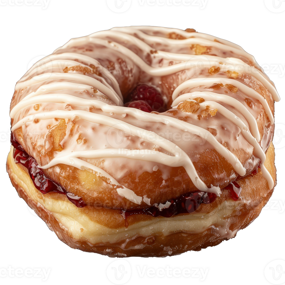Delicious Glazed Donut with Raspberry Filling and Drizzled Icing on a . png