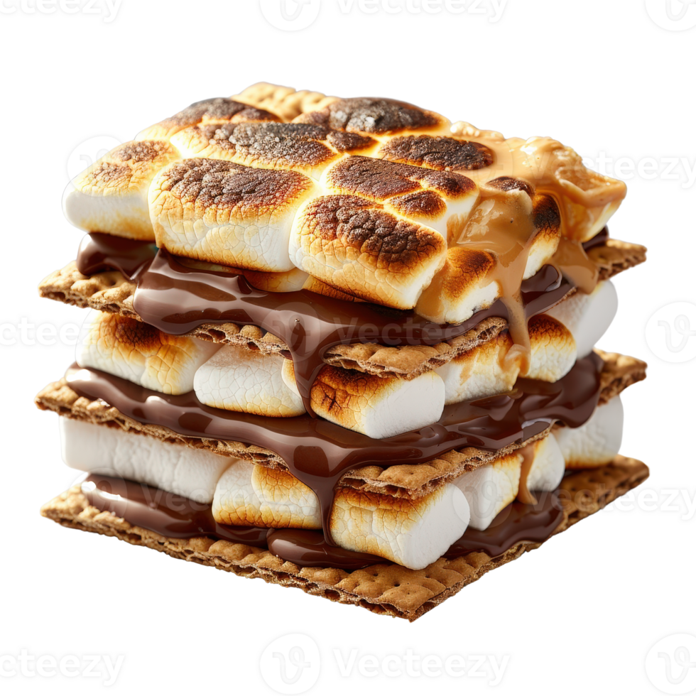 Deliciously Toasted S mores with Melted Chocolate and Golden Marshmallows Stacked High png