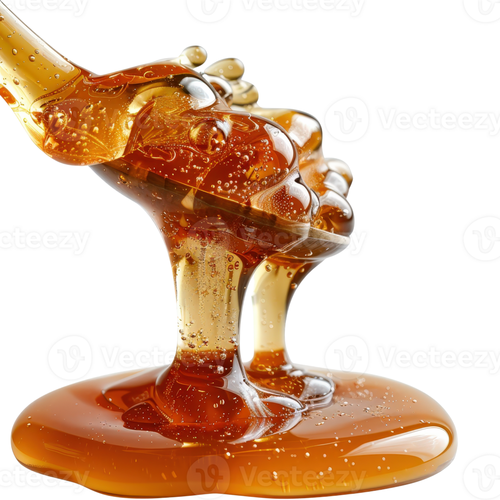 Golden Honey Pouring with Bubbles and Reflection on Smooth Surface in Bright Light png