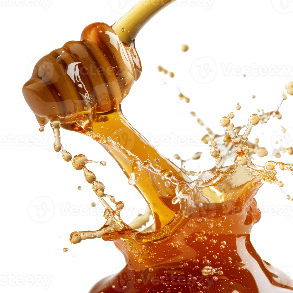 Close-Up of Honey Dripping from a Wooden Dipper Against a Bright . png