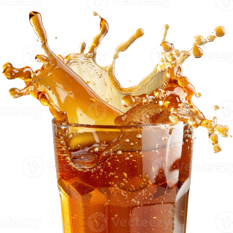 Refreshing Splash of Cold Beverage with Dynamic Orange Liquid and Droplets in Glass png