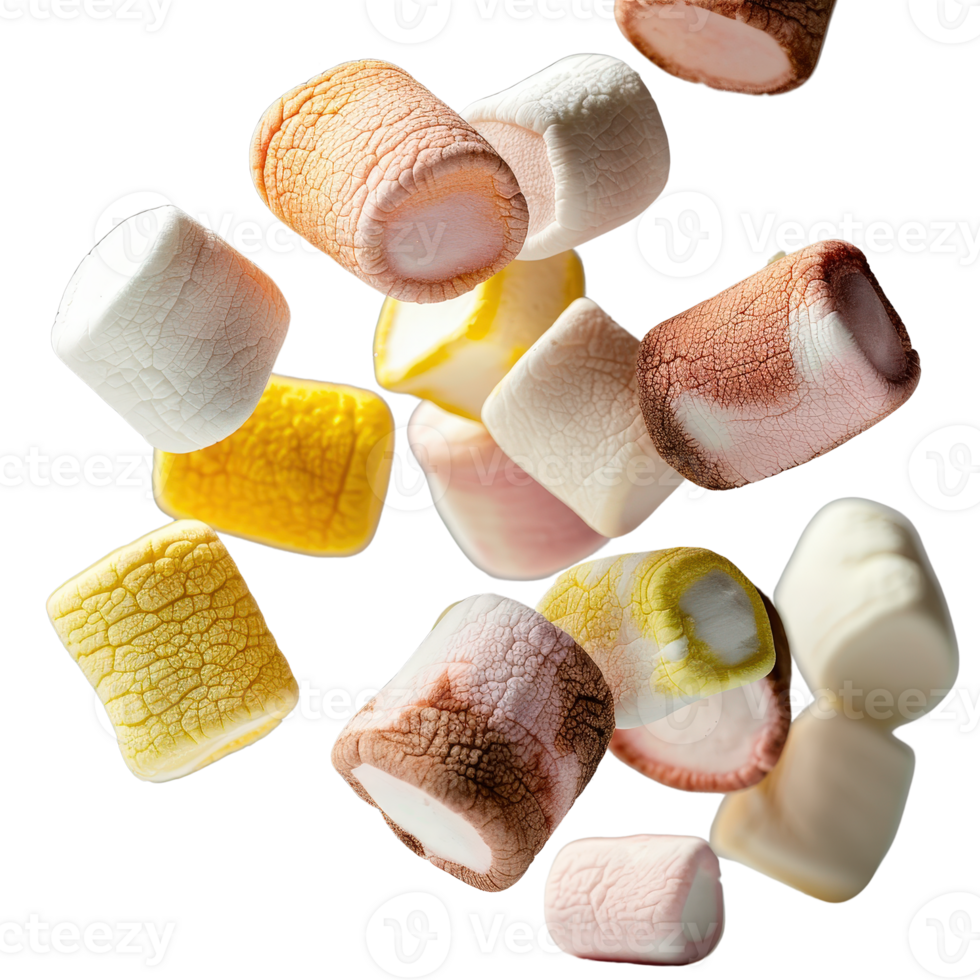 Assorted Colorful Marshmallows Floating in the Air on a Bright Background png