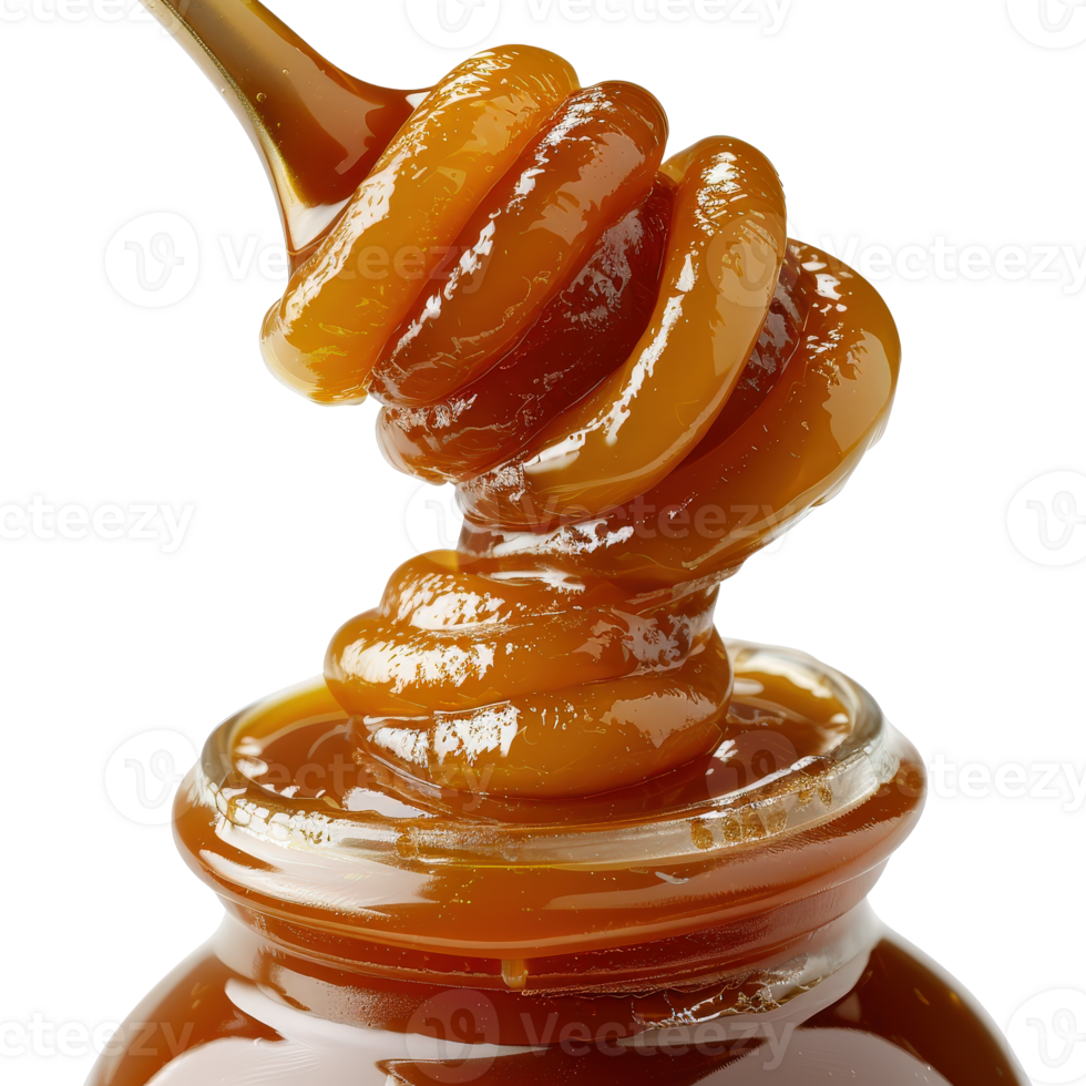 Golden Honey Dripping from Spoon into Glass Jar Creating Swirls and Glaze Effect png