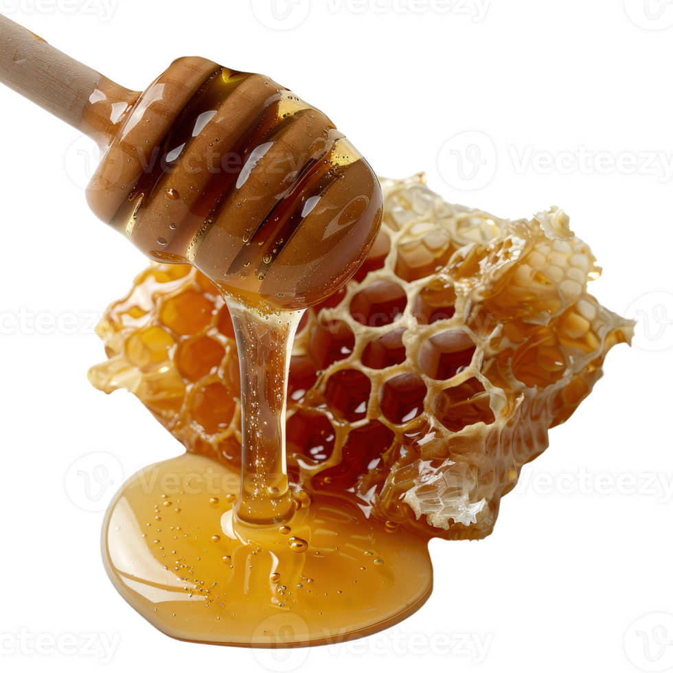 Close-Up of Honey Dripping from Wooden Dipper onto Honeycomb with Glorious Golden Color png