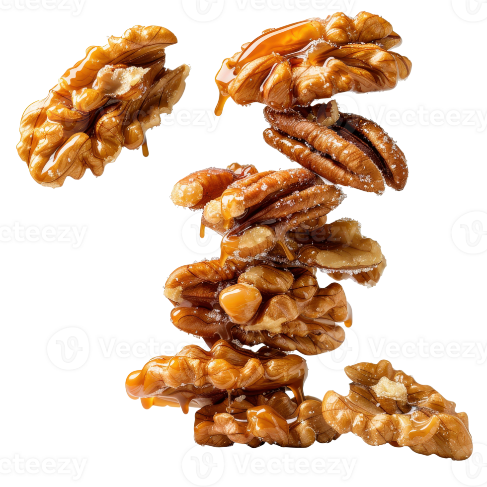 Delicious and Healthy Nut Stack with Caramel Drizzle for Snack and Dessert Inspiration png